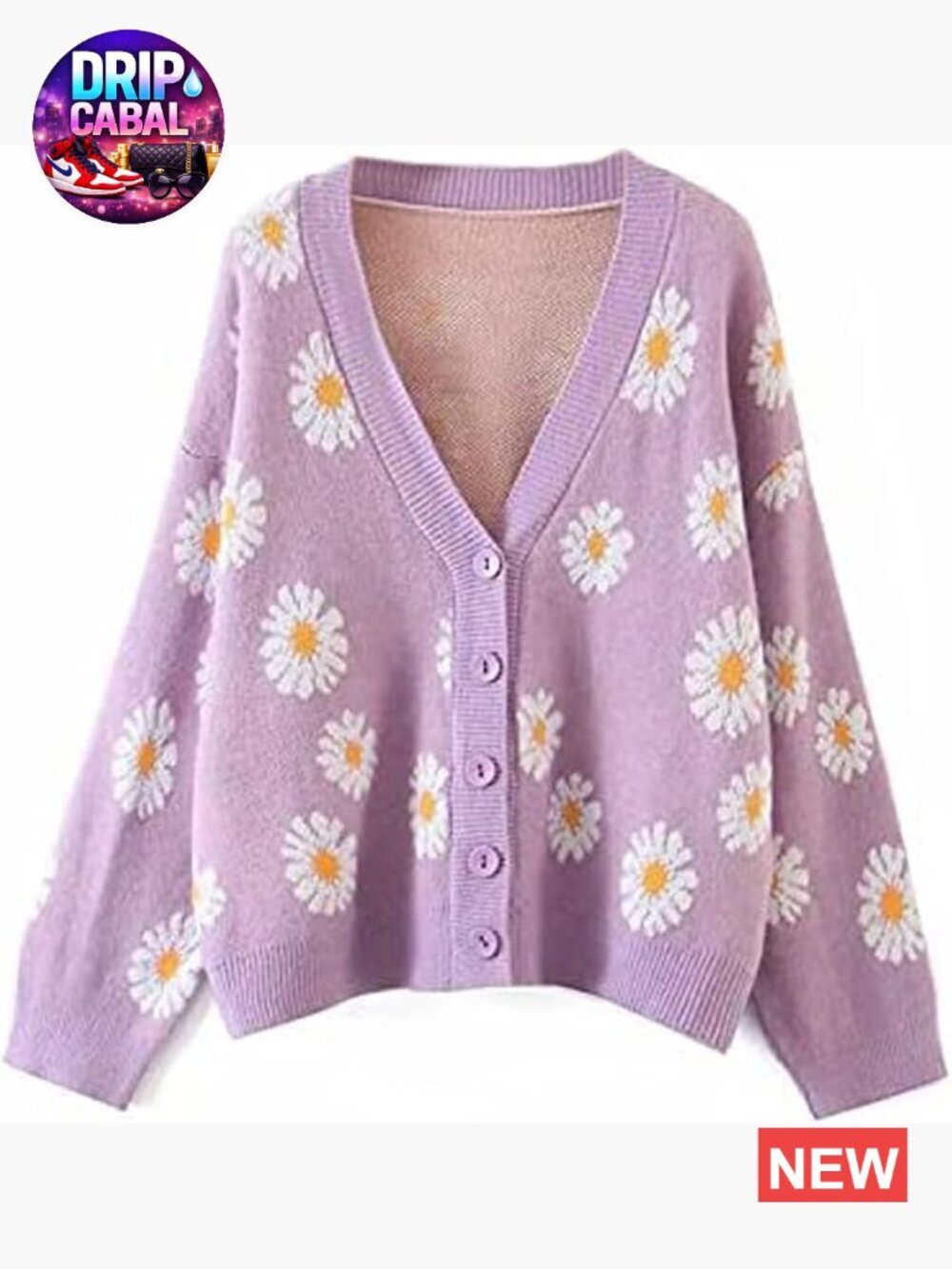 Long Sleeve V-Neck Button Cardigan Sweater Chunky Knit Floral Pattern